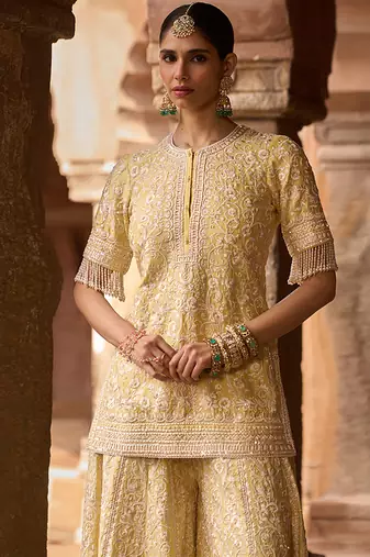 Lemon yellow embroidered silk chanderi sharara set