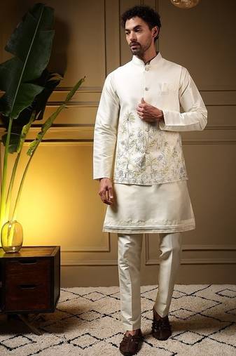 Designer heavy silk embroidered daman work koti kurta with pant set