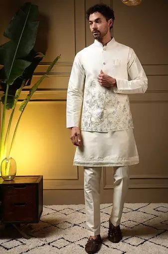 Designer heavy silk embroidered daman work koti kurta with pant set