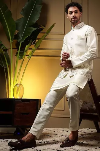 Designer heavy silk embroidered daman work koti kurta with pant set