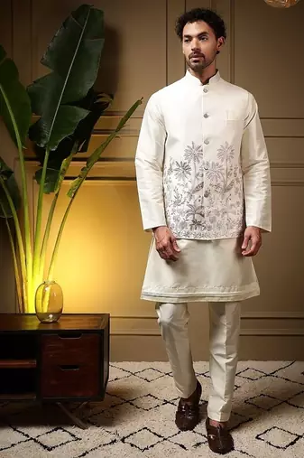 Designer heavy silk embroidered daman work koti kurta with pant set