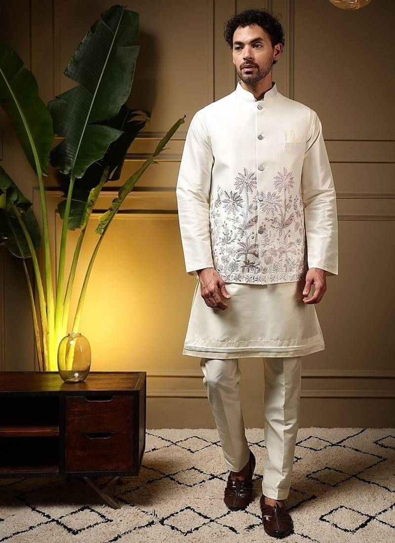 Designer heavy silk embroidered daman work koti kurta with pant set