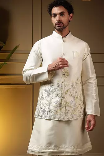 Designer heavy silk embroidered daman work koti kurta with pant set