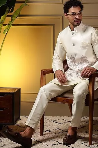 Designer heavy silk embroidered daman work koti kurta with pant set