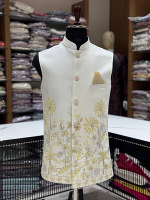 Designer heavy silk embroidered daman work koti kurta with pant set 4