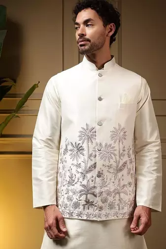 Designer heavy silk embroidered daman work koti kurta with pant set