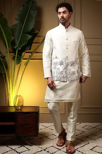 Designer heavy silk embroidered daman work koti kurta with pant set