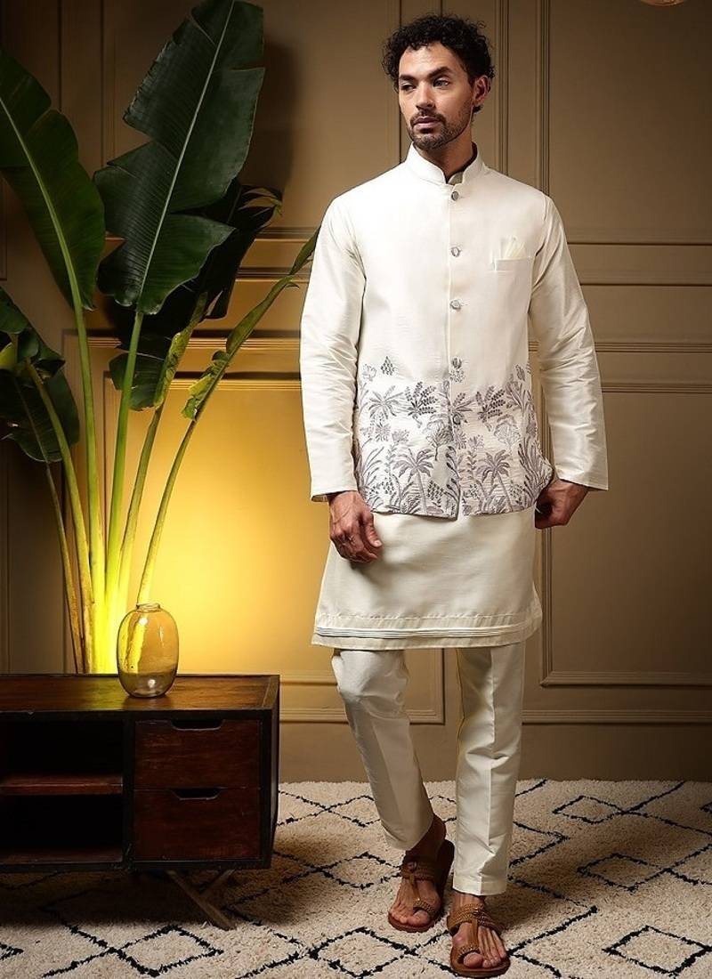 Designer heavy silk embroidered daman work koti kurta with pant set