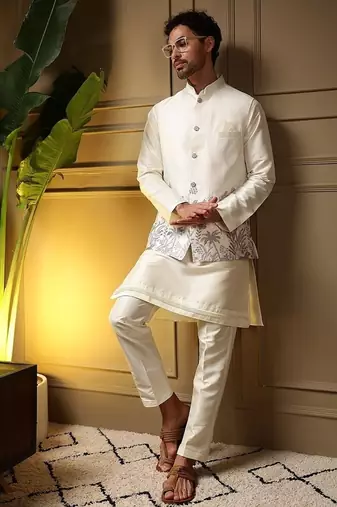 Designer heavy silk embroidered daman work koti kurta with pant set