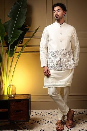 Designer heavy silk embroidered daman work koti kurta with pant set