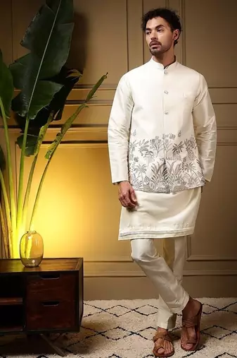 Designer heavy silk embroidered daman work koti kurta with pant set
