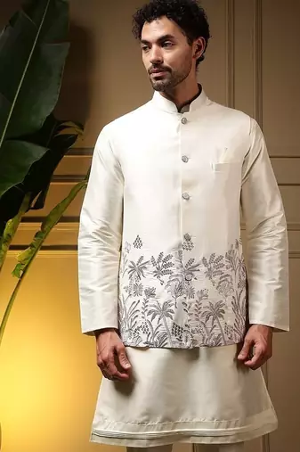 Designer heavy silk embroidered daman work koti kurta with pant set