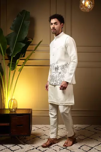 Designer heavy silk embroidered daman work koti kurta with pant set
