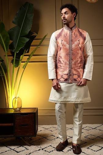 Designer jecquard 3d weaving jecket with kurta payjama haldi outfit