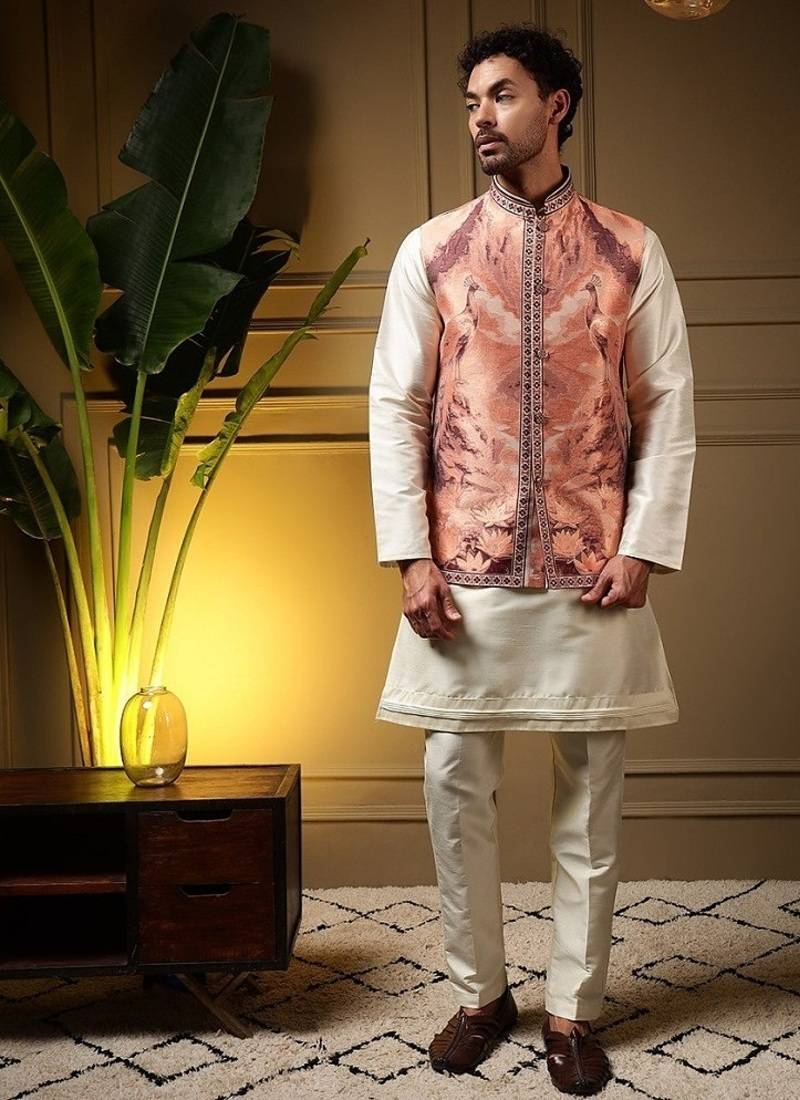 Designer jecquard 3d weaving jecket with kurta payjama haldi outfit