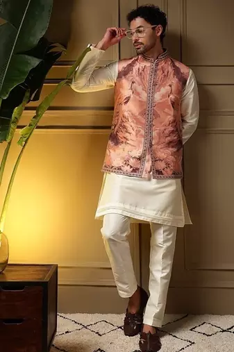 Designer jecquard 3d weaving jecket with kurta payjama haldi outfit