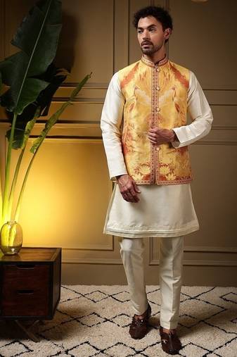 Designer jecquard 3d weaving jecket with kurta payjama haldi outfit