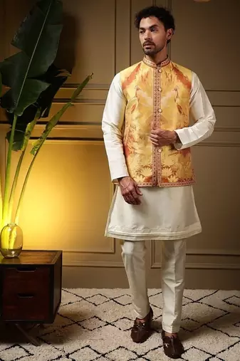 Designer jecquard 3d weaving jecket with kurta payjama haldi outfit
