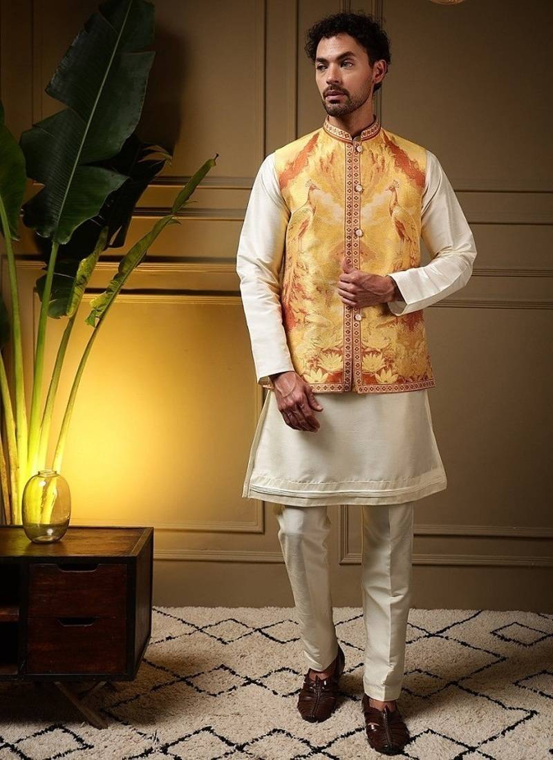 Designer jecquard 3d weaving jecket with kurta payjama haldi outfit