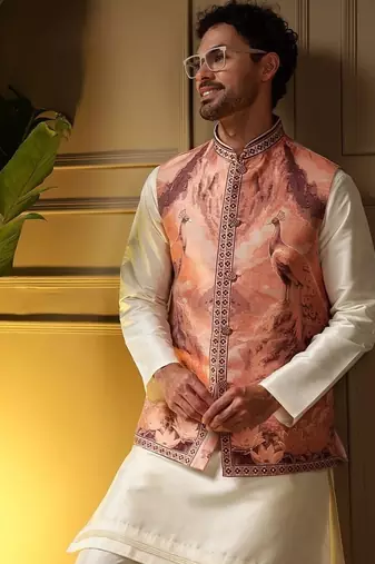 Designer jecquard 3d weaving jecket with kurta payjama haldi outfit