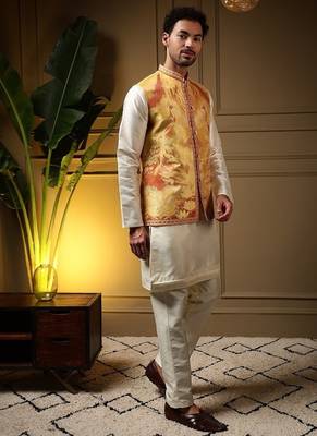 Designer jecquard 3d weaving jecket with kurta payjama haldi outfit 2