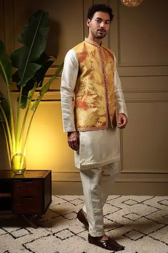 Designer jecquard 3d weaving jecket with kurta payjama haldi outfit