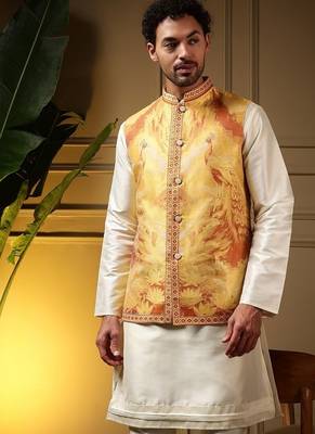 Designer jecquard 3d weaving jecket with kurta payjama haldi outfit 3