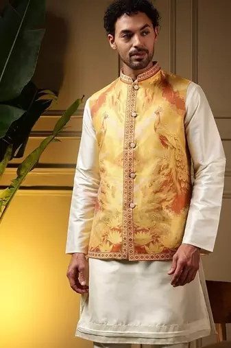 Designer jecquard 3d weaving jecket with kurta payjama haldi outfit