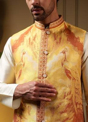 Designer jecquard 3d weaving jecket with kurta payjama haldi outfit 4