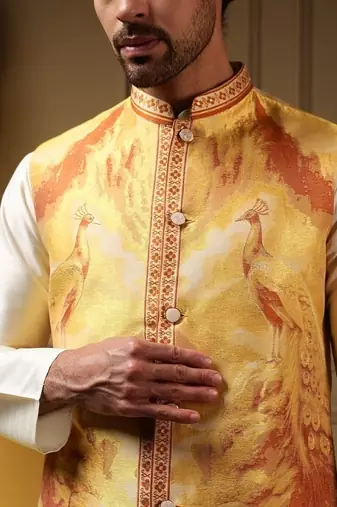 Designer jecquard 3d weaving jecket with kurta payjama haldi outfit