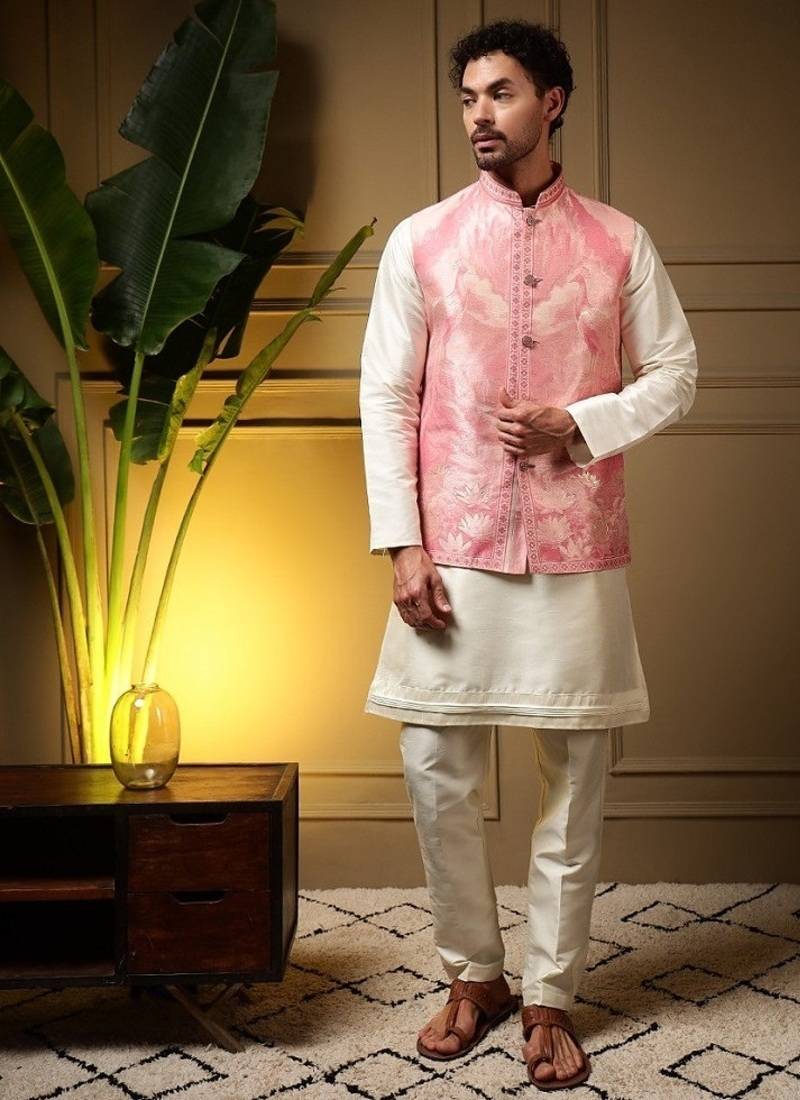 Designer jecquard 3d weaving jecket with kurta payjama haldi outfit