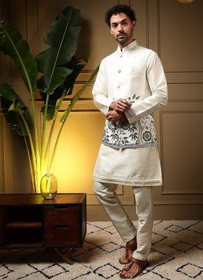 Designer heavy silk embroidered daman work koti kurta with pant set 1