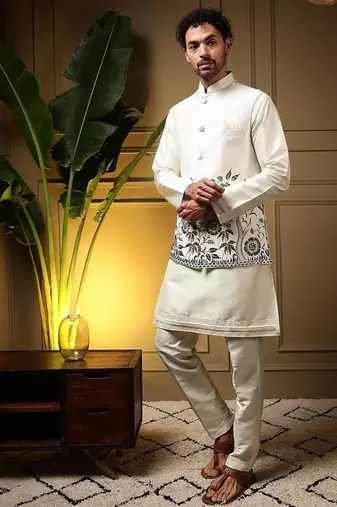 Designer heavy silk embroidered daman work koti kurta with pant set