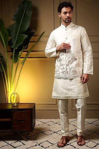 Designer heavy silk embroidered daman work koti kurta with pant set