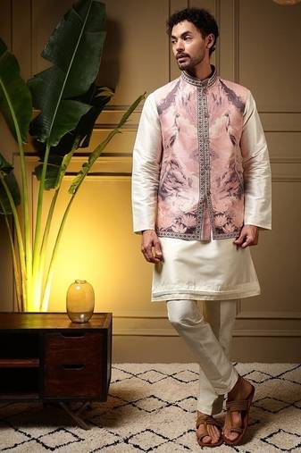 Designer jecquard 3d weaving jecket with kurta payjama haldi outfit