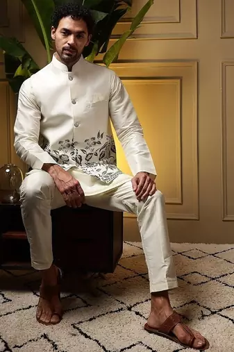Designer heavy silk embroidered daman work koti kurta with pant set