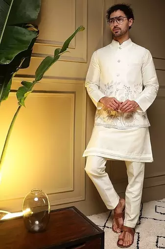Designer heavy silk embroidered daman work koti kurta with pant set