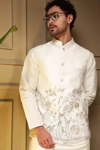 Designer heavy silk embroidered daman work koti kurta with pant set