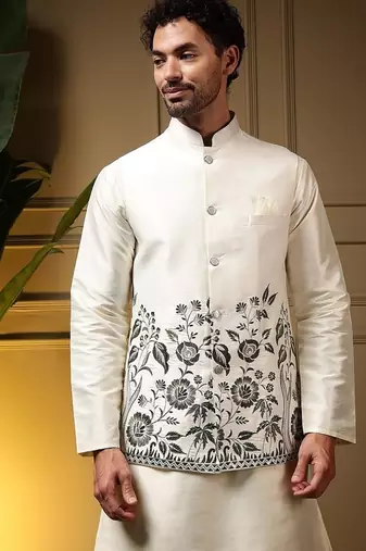 Designer heavy silk embroidered daman work koti kurta with pant set