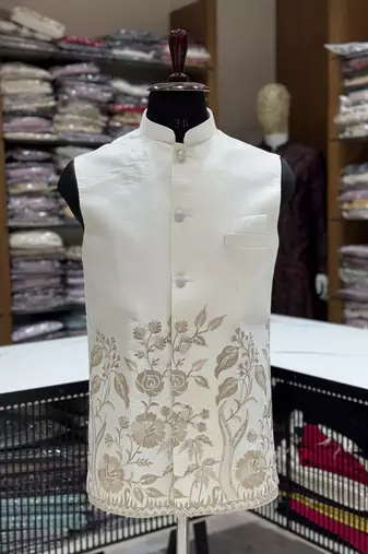 Designer heavy silk embroidered daman work koti kurta with pant set