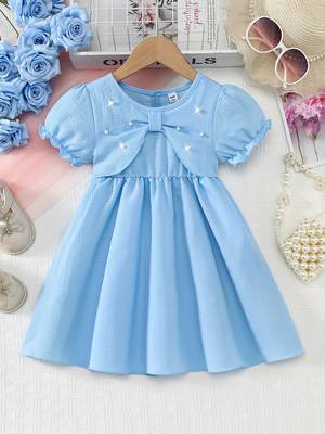 Sky blue pearl embellished textured fabric bow style girls dress 1