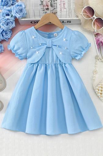 Sky blue pearl embellished textured fabric bow style girls dress