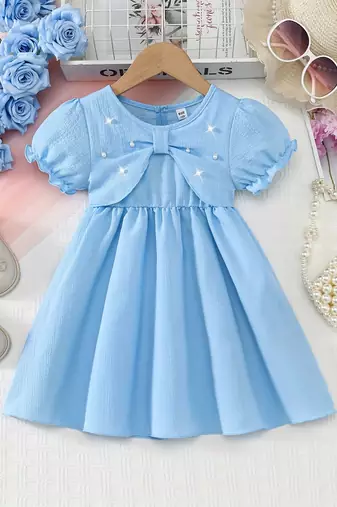Sky blue pearl embellished textured fabric bow style girls dress