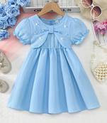 Sky blue pearl embellished textured fabric bow style girls dress