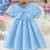 Sky blue pearl embellished textured fabric bow style girls dress