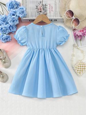 Sky blue pearl embellished textured fabric bow style girls dress 2