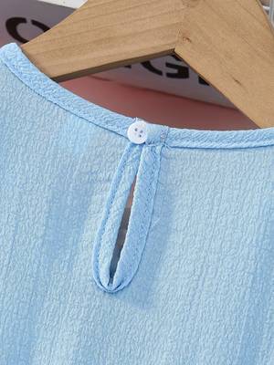 Sky blue pearl embellished textured fabric bow style girls dress 5