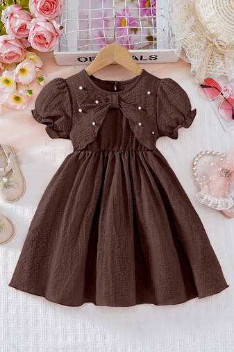 Brown pearl embellished textured fabric bow style girls dress