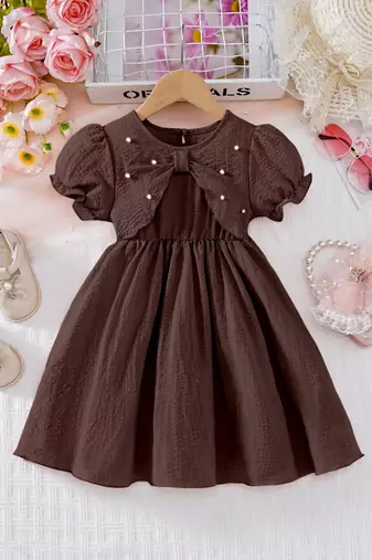 Brown pearl embellished textured fabric bow style girls dress