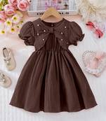 Brown pearl embellished textured fabric bow style girls dress
